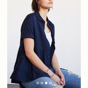 Anthropologie Porridge Faye Tiered Tunic Blouse Top Navy Blue Size XL